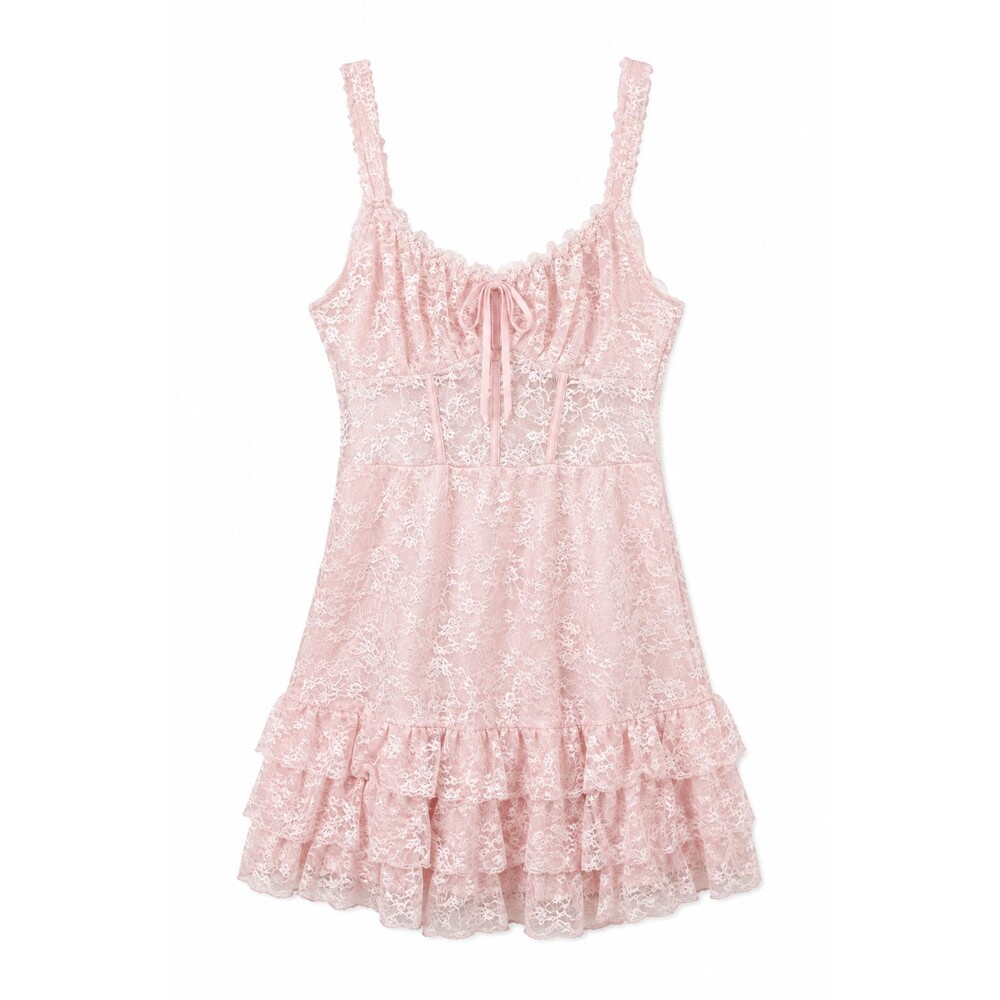 Pink Lace Corset Mini Dress Coquette Fairycore Babydoll Fit Flare Women Medium M